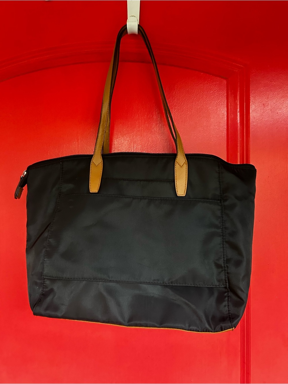 Classic Black Tote with Tan Handles - Women's Shoulder Bag